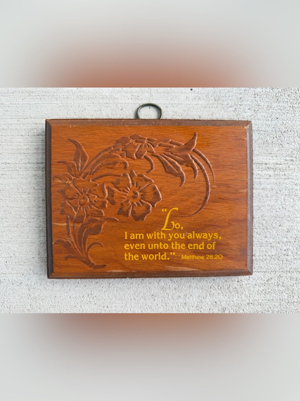 Vintage Wooden Wall Plaque Matthew 28:20 Bible Verse Carved Floral Christian Dec